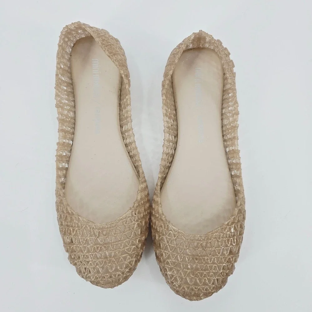 Mini Melissa Campana Papel Gold Glitter Ballet Flat Kids Size 3 EUC